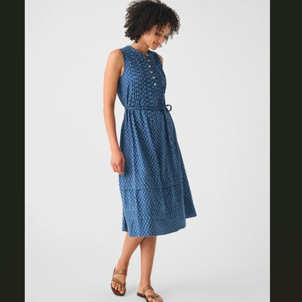 Faherty Isha Midi Dress In Gobi Floral Tie Waist Pintuck  Blue Size Small NWT